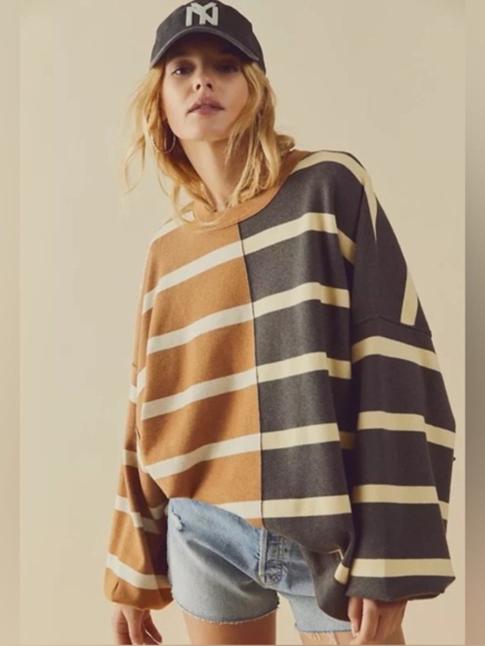 Free People striped cosy knit pullover in spiced oatmeal size medium